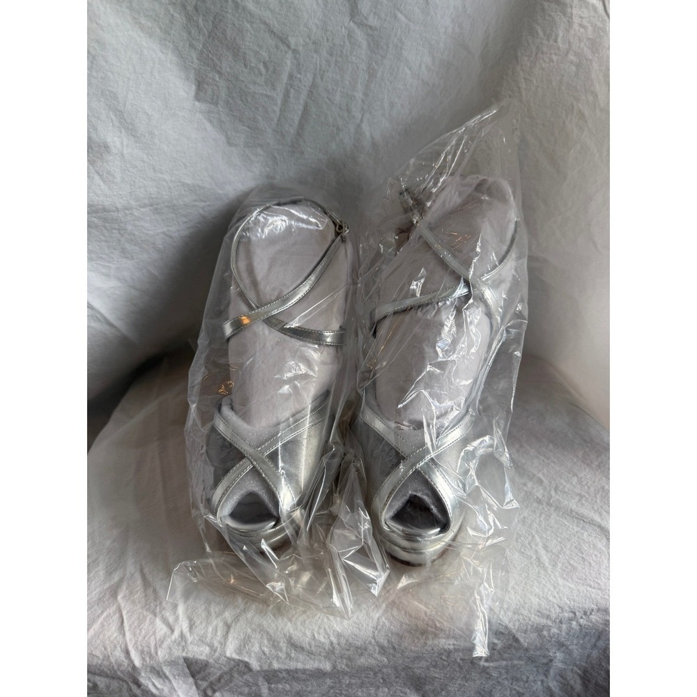 Silver Satin Patent Platform‎ Peep Toe Stiletto Heels Ankle Strap Sandal 9B